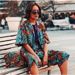 Salvatore Ferragamo Azure Floral Short Sleeve Mohair Blend Blazer Jacket Shirt